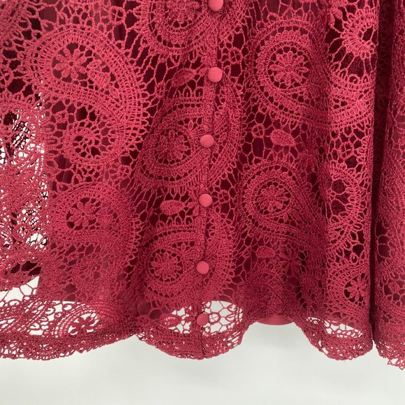 Aqua NWT Lace Button Front Long Sleeve Mock Neck Mini Dress Burgundy Medium New - Picture 5 of 12